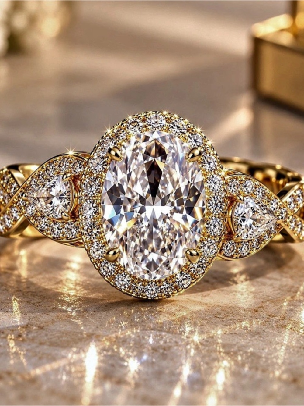 18K Gold Filled Oval Halo Clear Stone Statement Engagement Ring Size 7